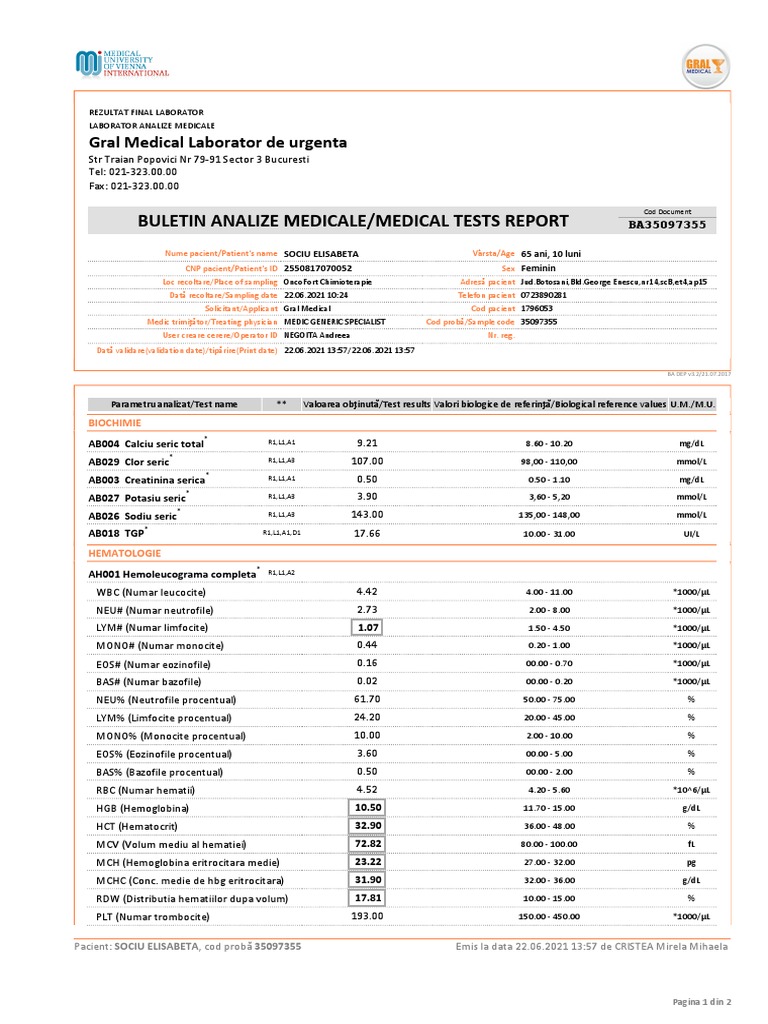Buletin Analize Medicale/Medical Tests Report: Gral Medical Laborator ...
