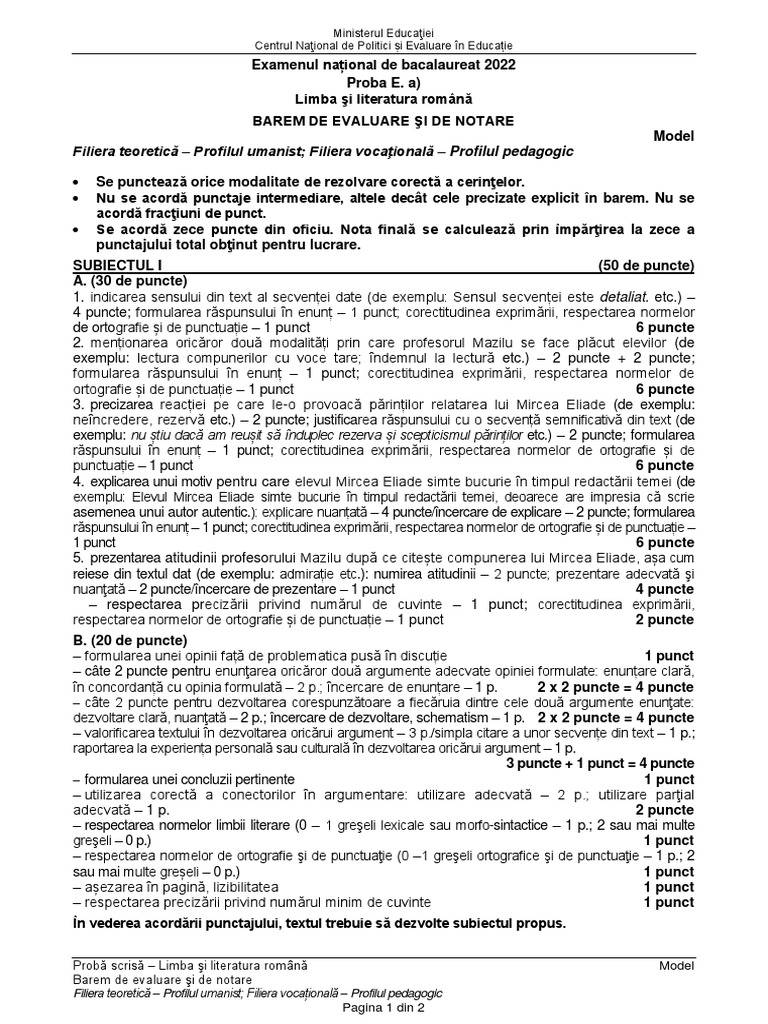 Barem - Modele Subiecte Limba Română Simulare BAC 2022, Profil Uman | PDF