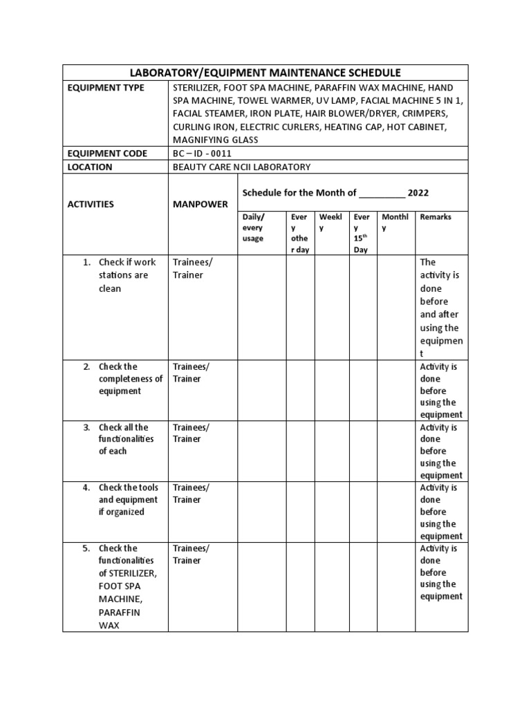 Laboratory/Equipment Maintenance Schedule PDF Manufactured Goods