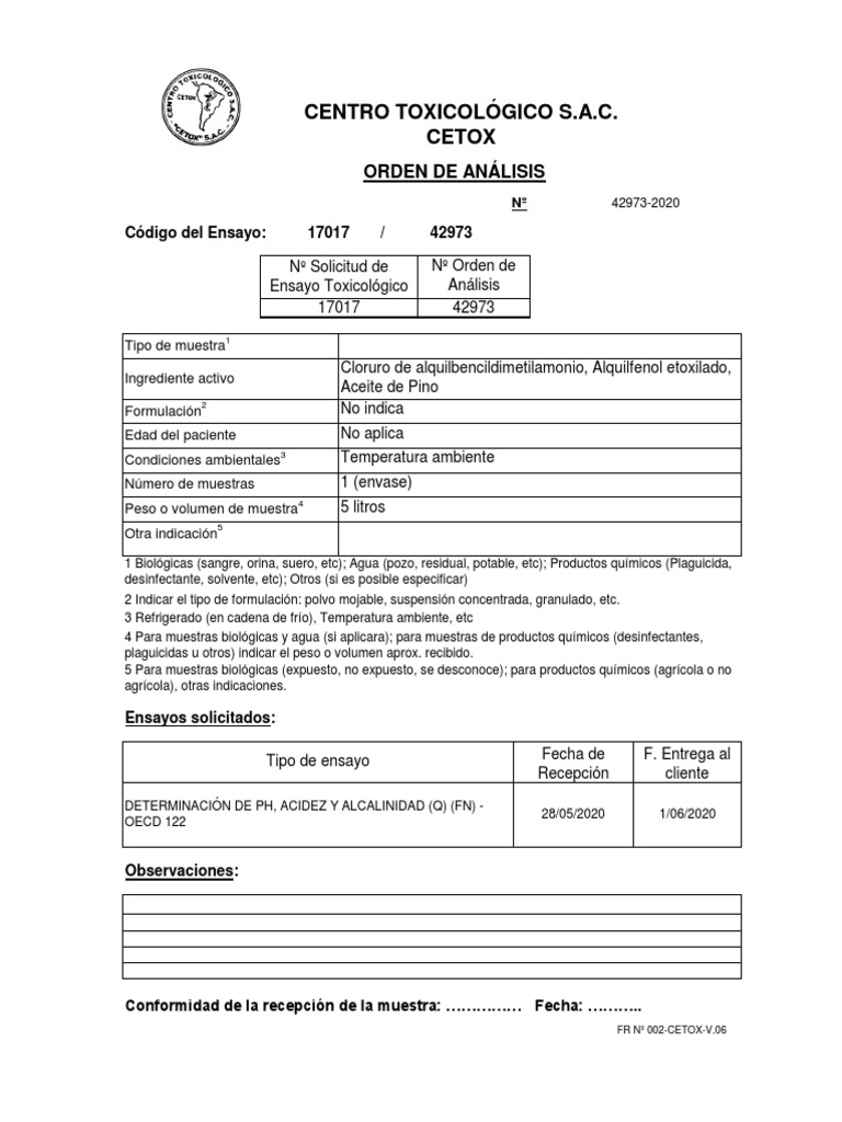Centro Toxicológico S.A.C. Cetox: Orden de Análisis | PDF
