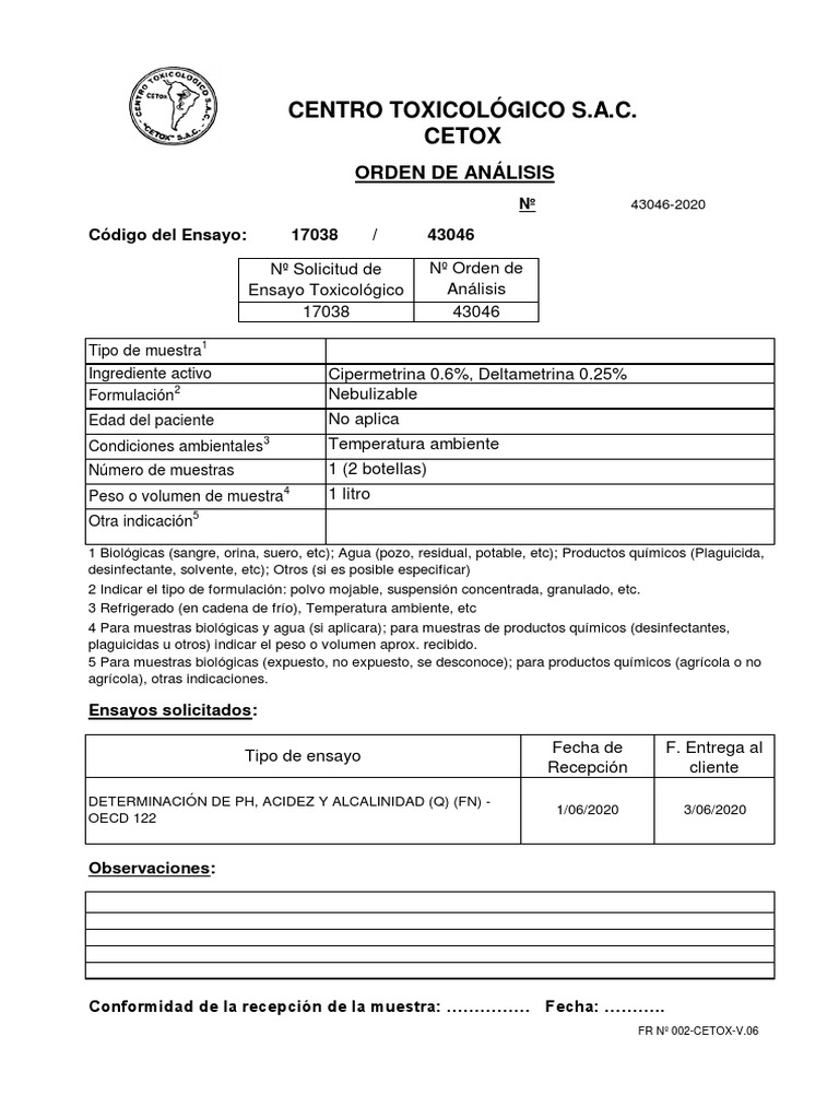 Centro Toxicológico S.A.C. Cetox: Orden de Análisis | PDF