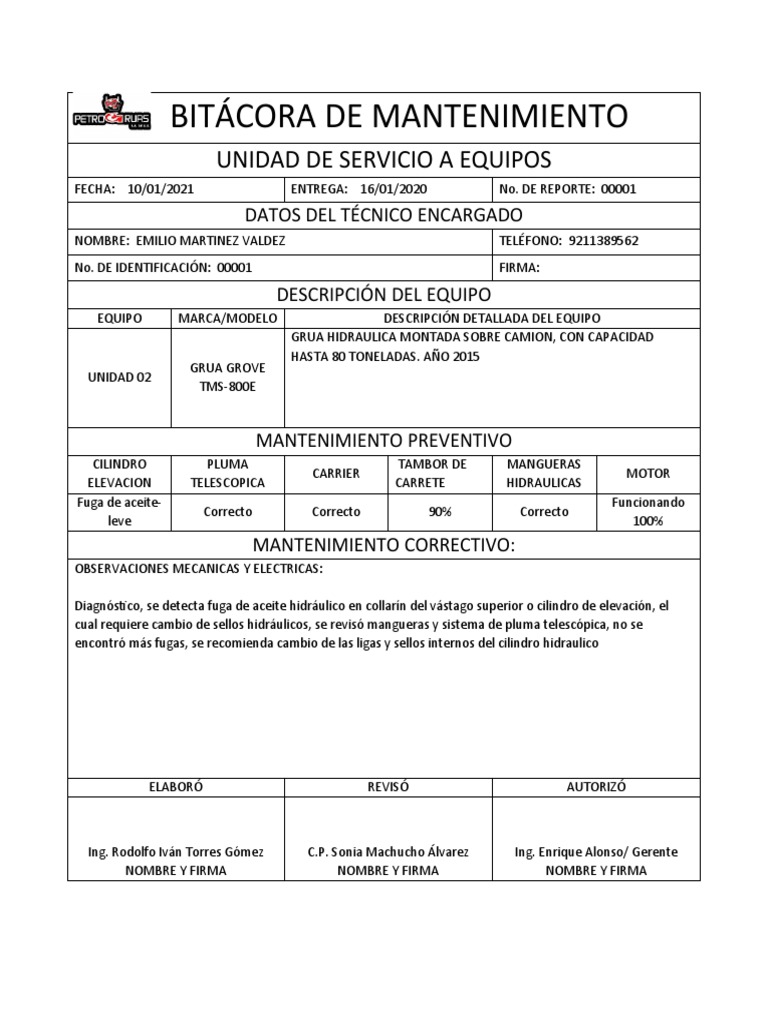 Ejemplo De Bitácora De Mantenimiento Pdf 