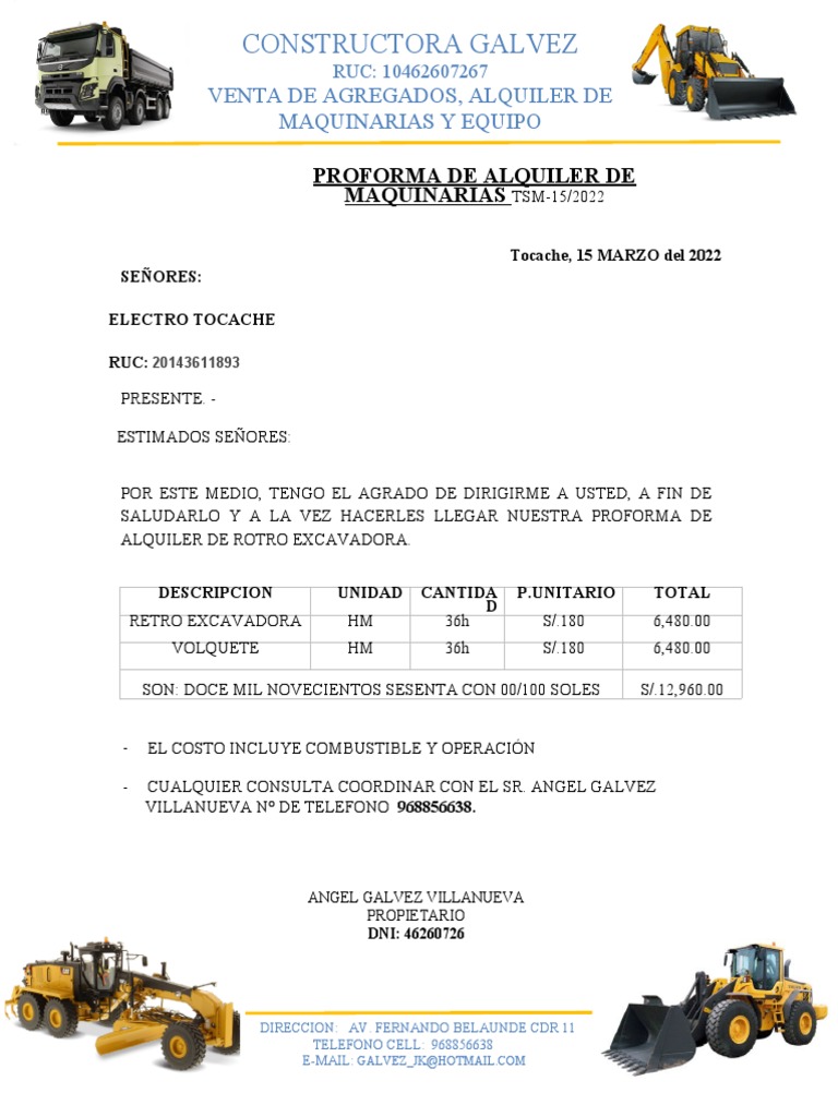 Proforma ALQUILER DE RETROEXCAVADORA | PDF