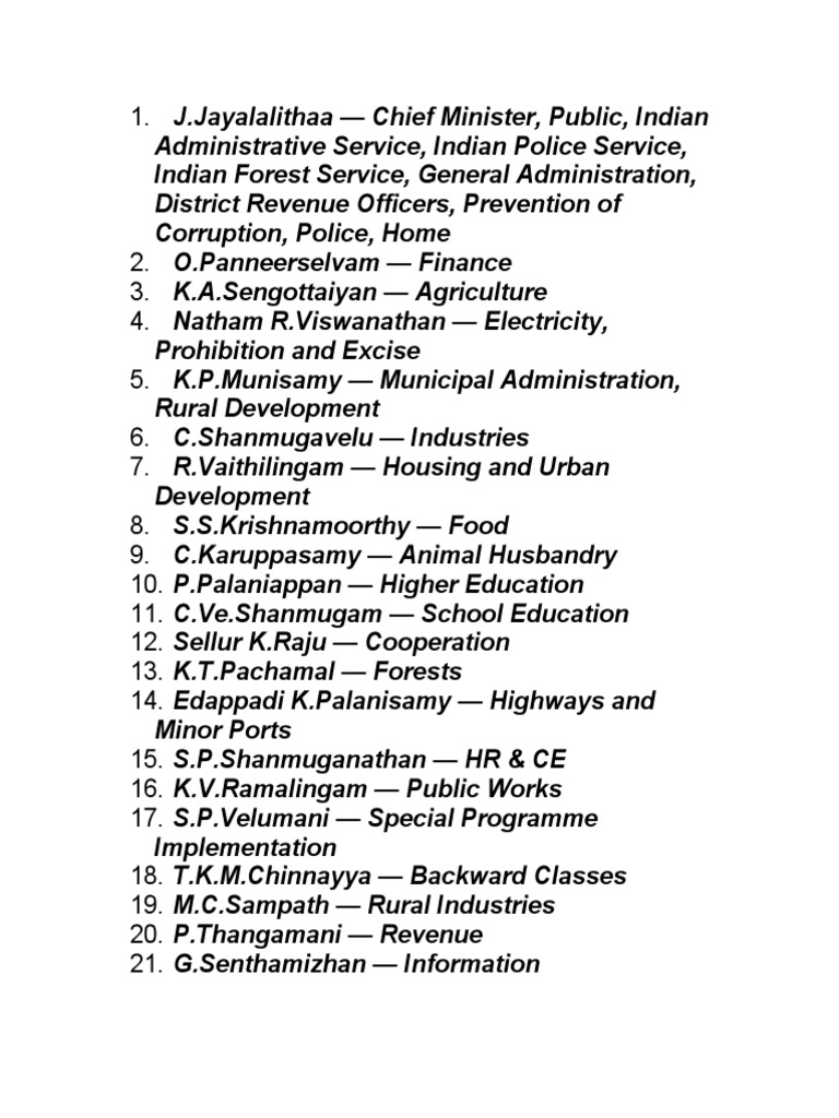 Tamil Nadu Cabinet Ministers List | PDF