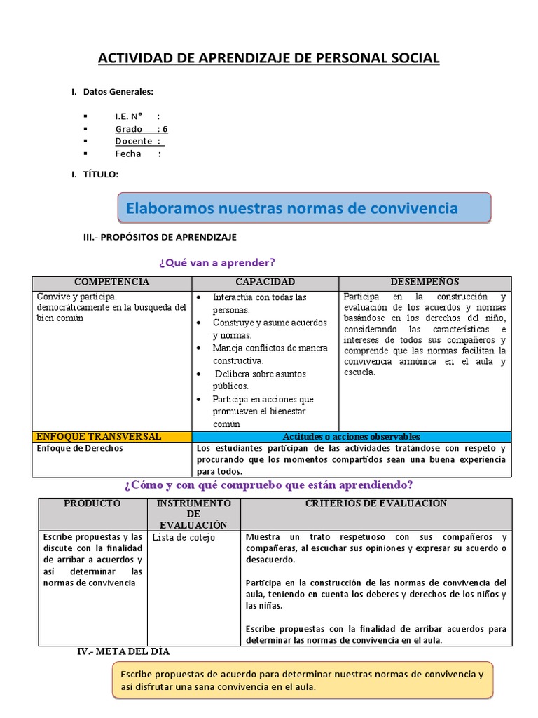 Actividad de Aprendizaje de Personal Social | PDF | Evaluación ...