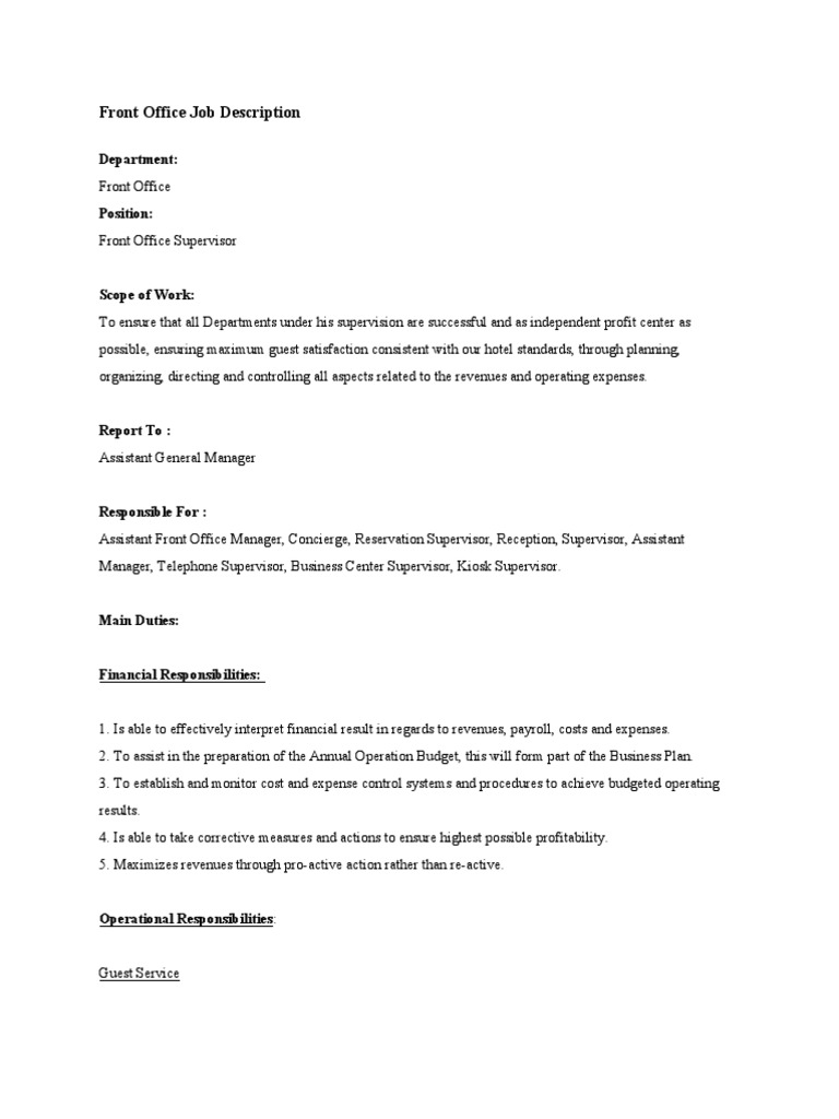 Front Office Job Description PDF Supervisor Business