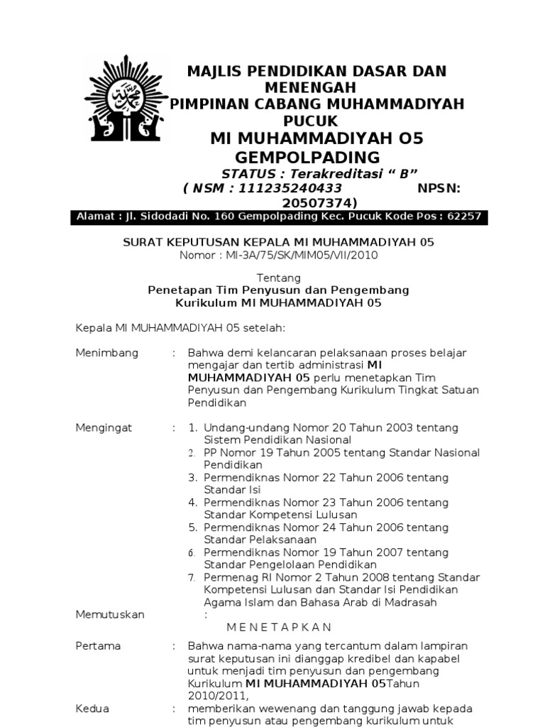 Contoh Sk Tim Pengembang Kurikulum Dunia Sosial