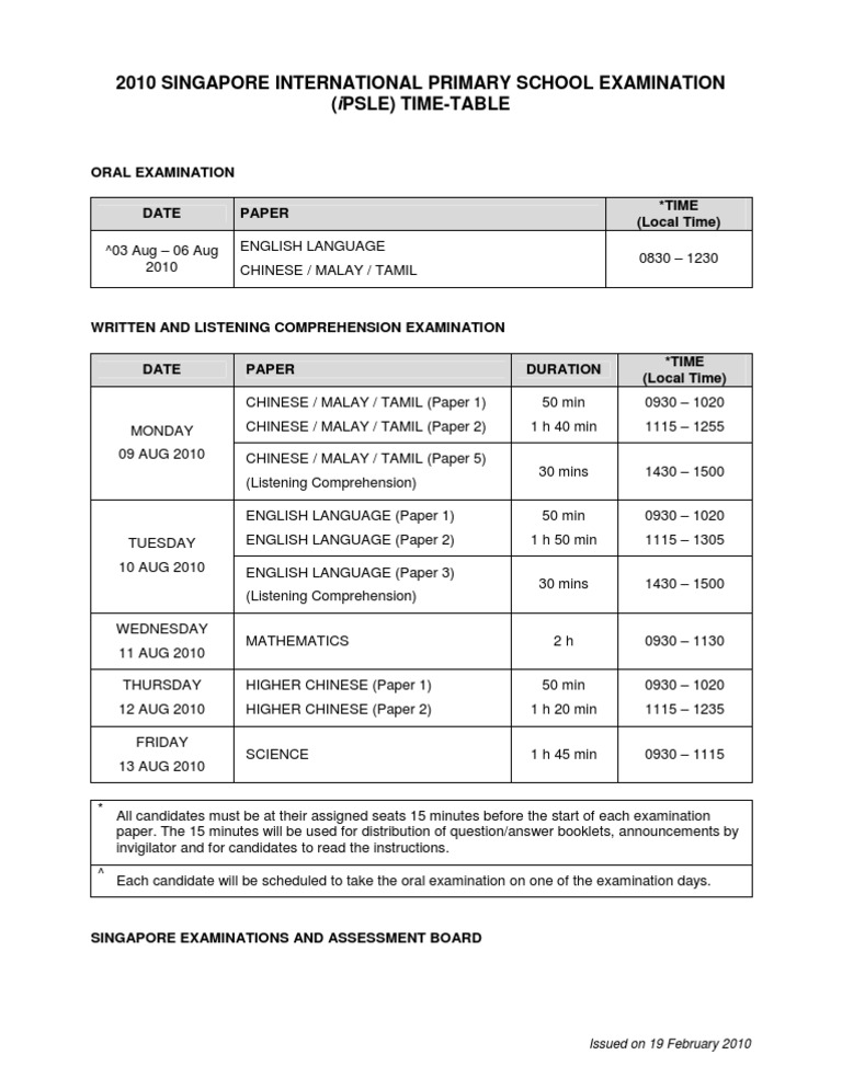 2010 I PSLEExam Timetable | PDF | Educational Assessment And Evaluation ...
