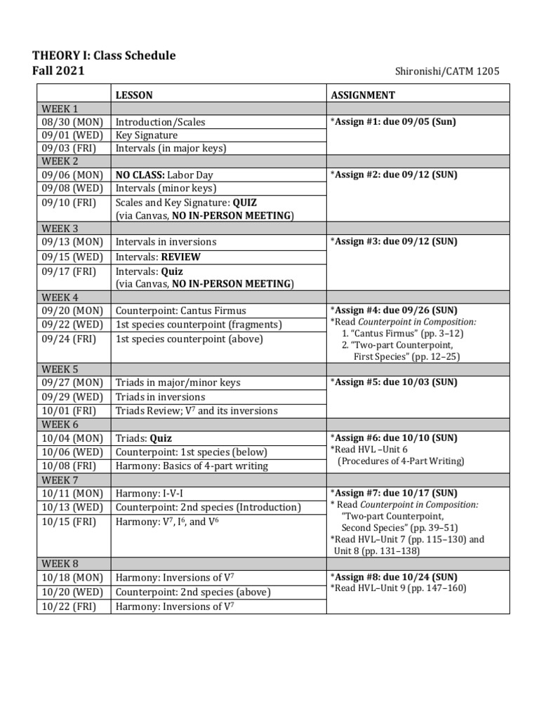 THEORY I Class Schedule Fall 2021 Lesson Assignment PDF Minor