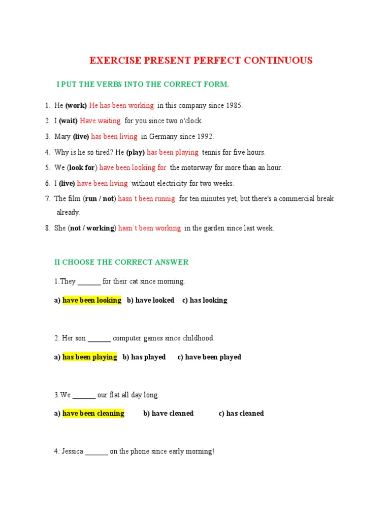 Present Perfect Continuous Exercises | PDF | Grammar | Linguistics