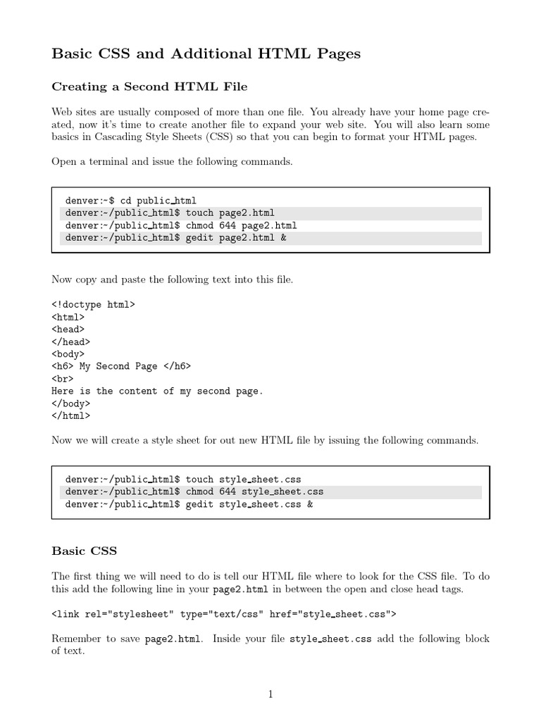 Basic CSS and Additional HTML Pages Creating A Second HTML File
