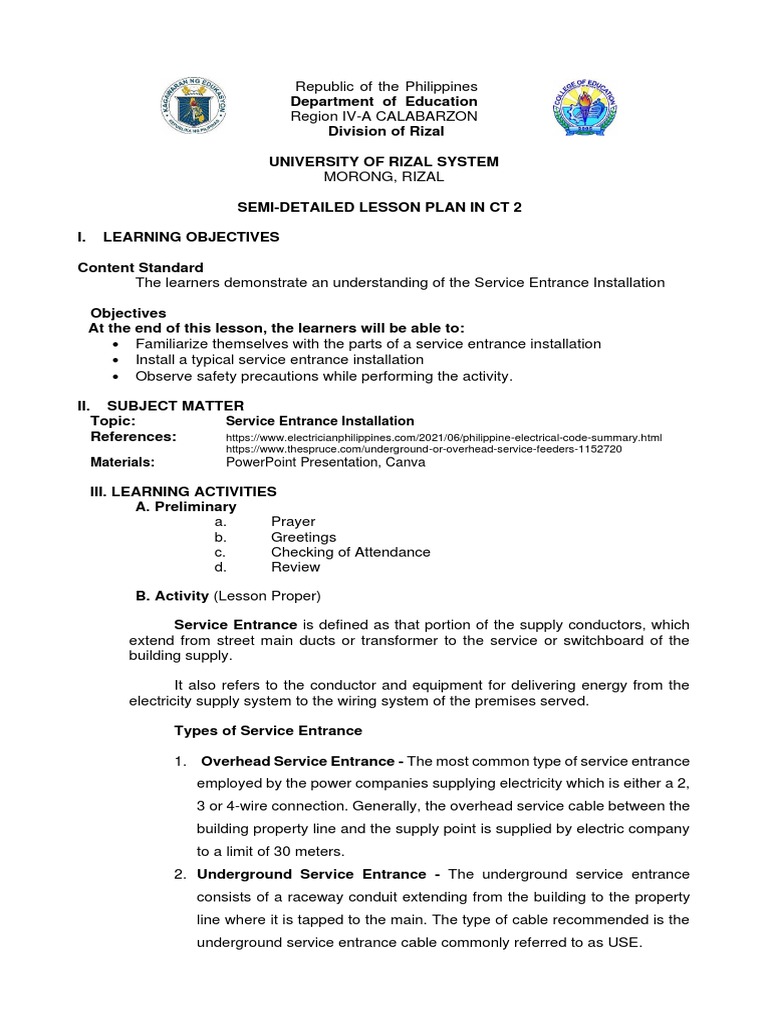SERVICE ENTRANCE INSTALLATION Lesson Plan PDF Electrical Wiring