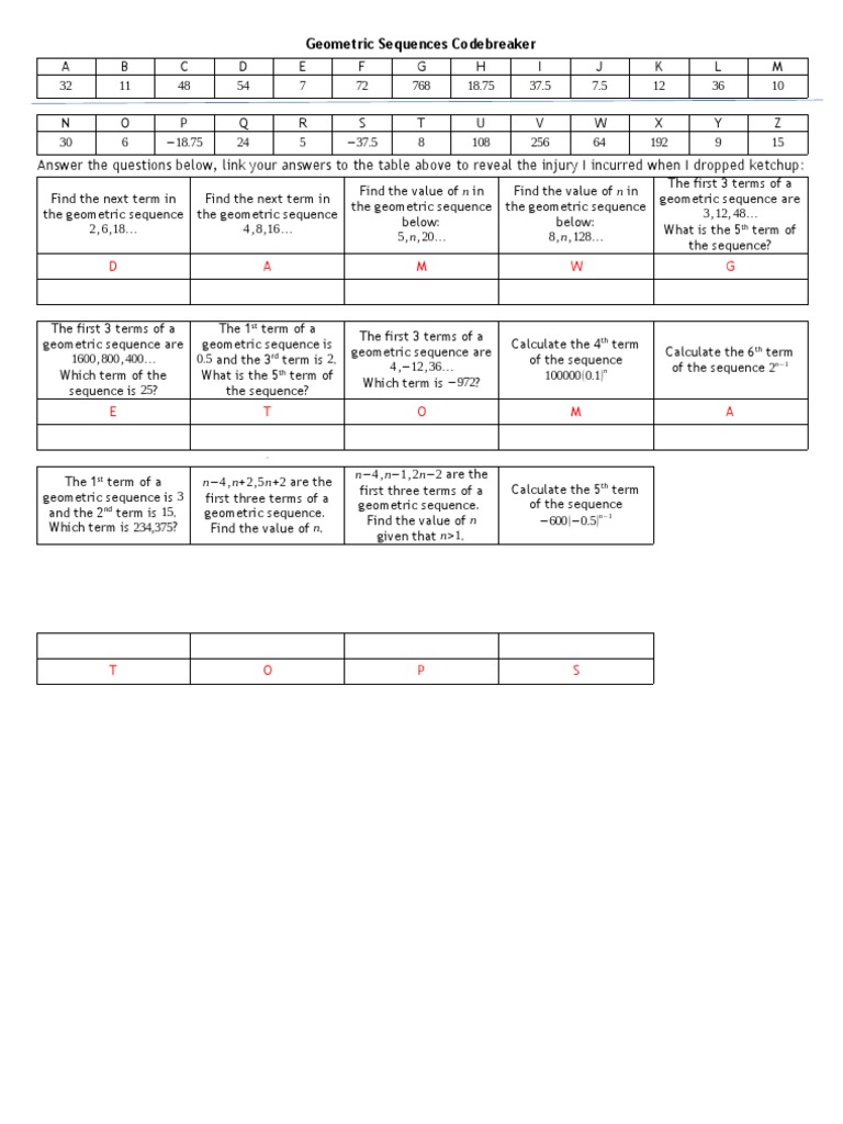 A B C D E F G H I J K L M: Geometric Sequences Codebreaker | PDF ...