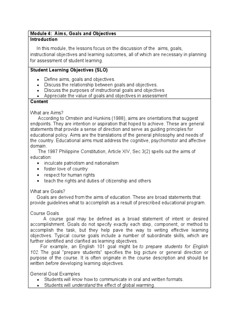 Module 4 Aims, Goals and Objectives PDF Goal Learning