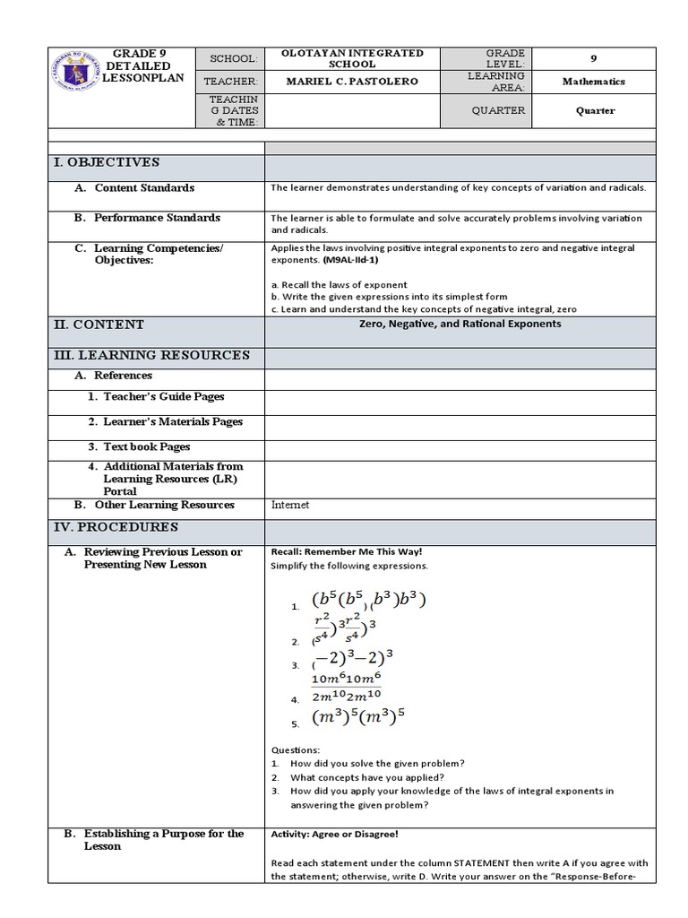 Grade 9 Exponents Lesson Plan | PDF | Learning | Exponentiation