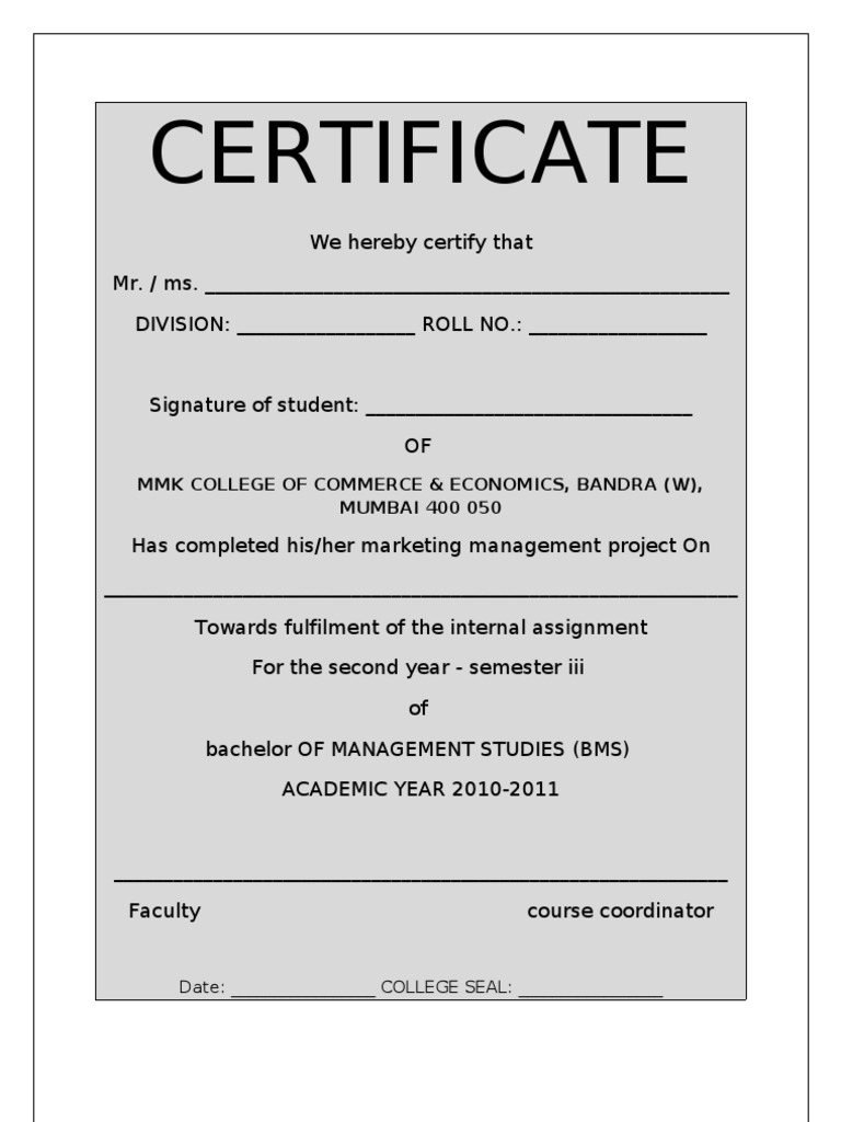 certificate page for assignment