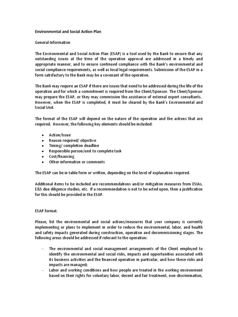 Environmental and Social Action Plan PDF Occupational Safety And