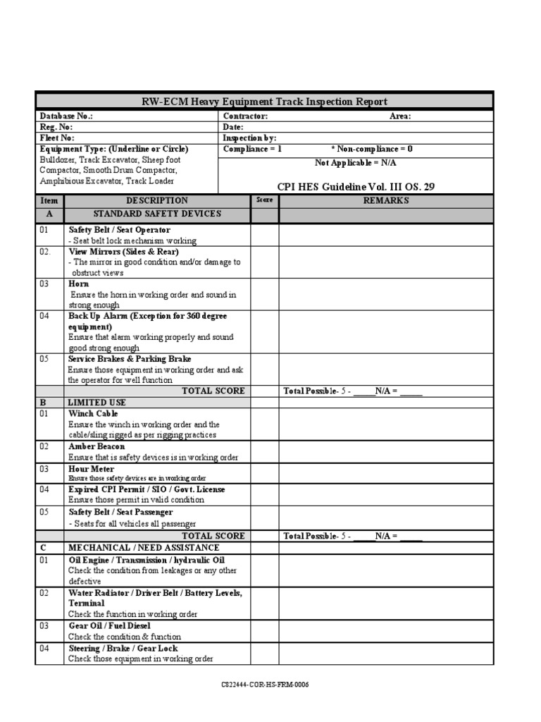 C822444CORHSFRM0006 Heavy Equipment Track Inspection Form PDF