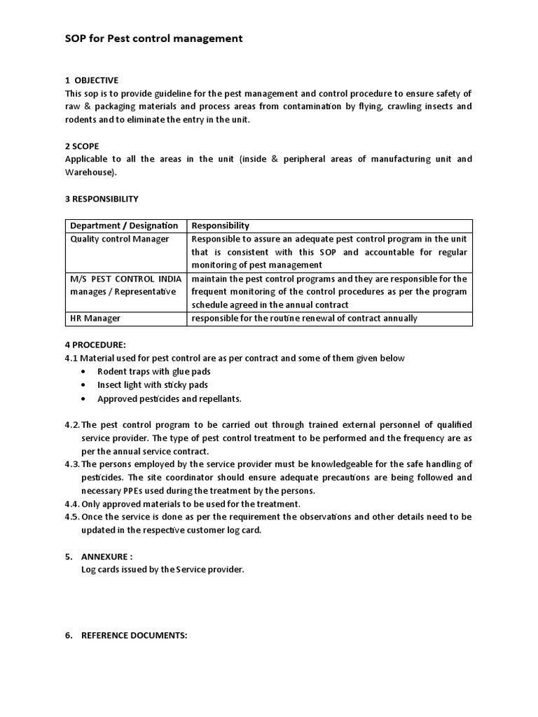 SOP For Pest Control Management 1 Objective PDF