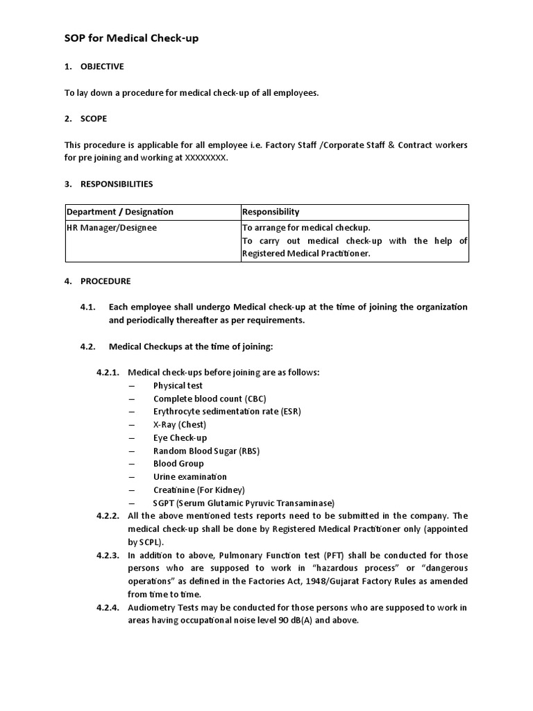 Employee Medical Check-up SOP | PDF | Physical Examination | Alanine ...