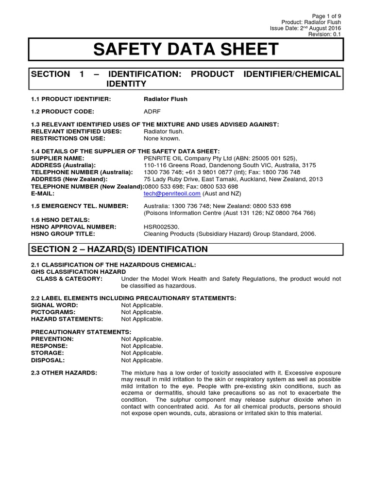Radiator Flush Safety Data Sheet | PDF | Dangerous Goods | Occupational ...