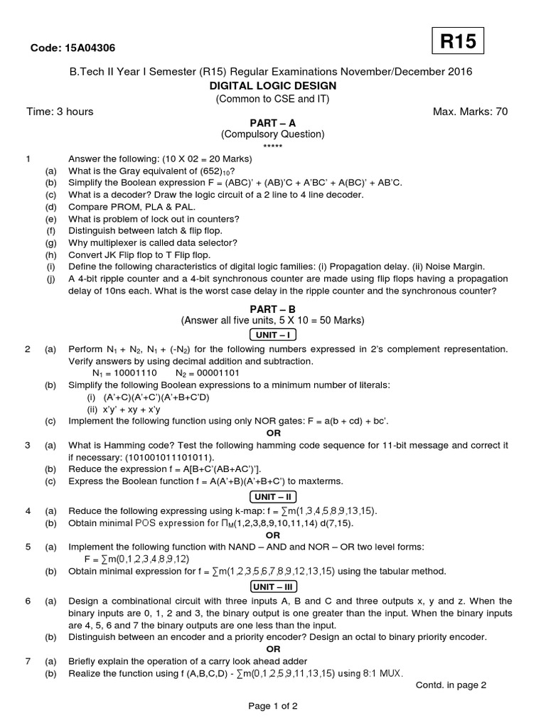 Digital Logic Design Exam Paper 2016 | PDF | Logic | Computer Engineering