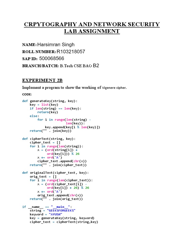 Crpytography and Network Security Lab Assignment: Experiment 2B | PDF ...