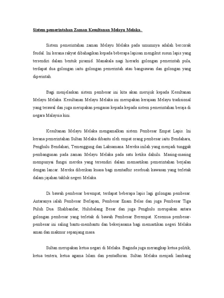 Kesinambungan Pemerintahan Kerajaan Melayu Melaka Dalam Sistem Ran Masa Kini Pdf