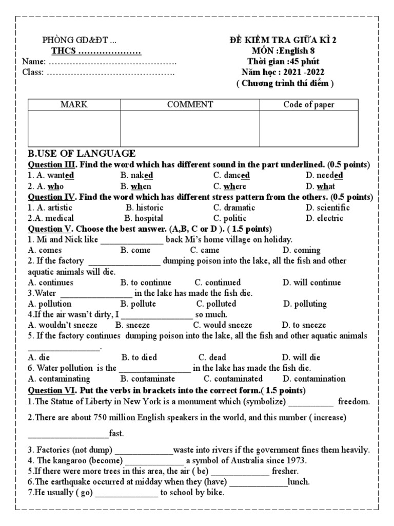 Midterm Exam on English for 8th Grade Students Focusing on Language