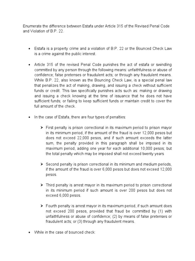 Enumerate The Difference Between Estafa Under Article 315 of The