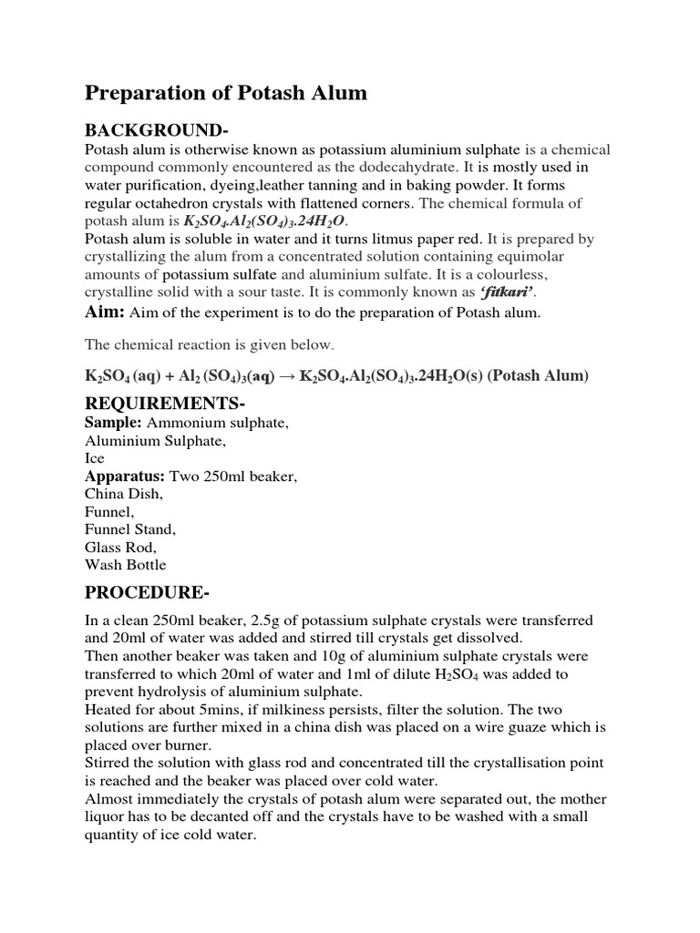 Preparation of Potash Alum PDF Chemistry Chemical Substances
