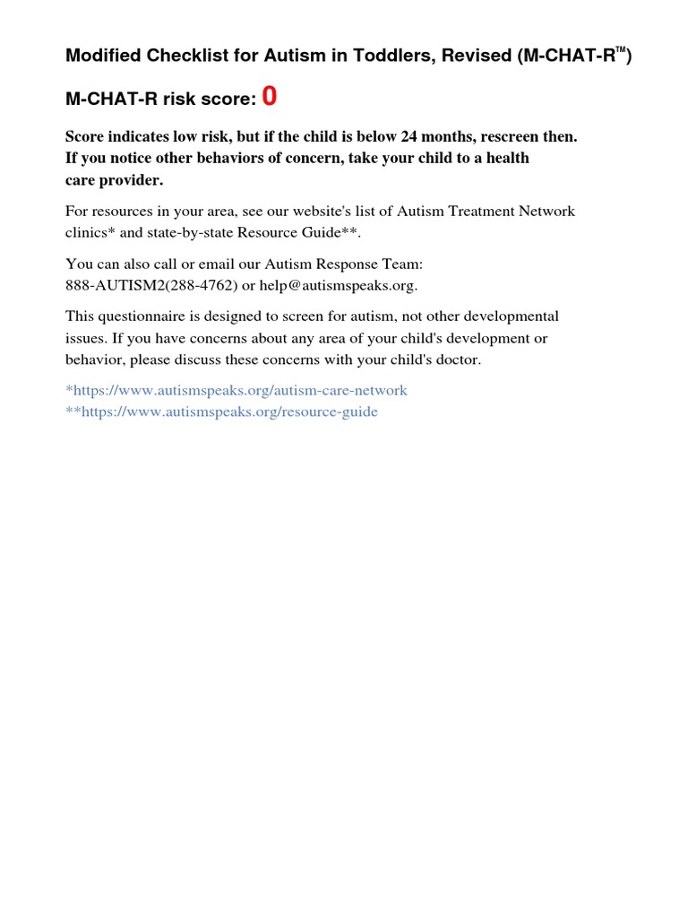 M-CHAT-R Autism Screening Results | PDF | Autism | Behavioural Sciences