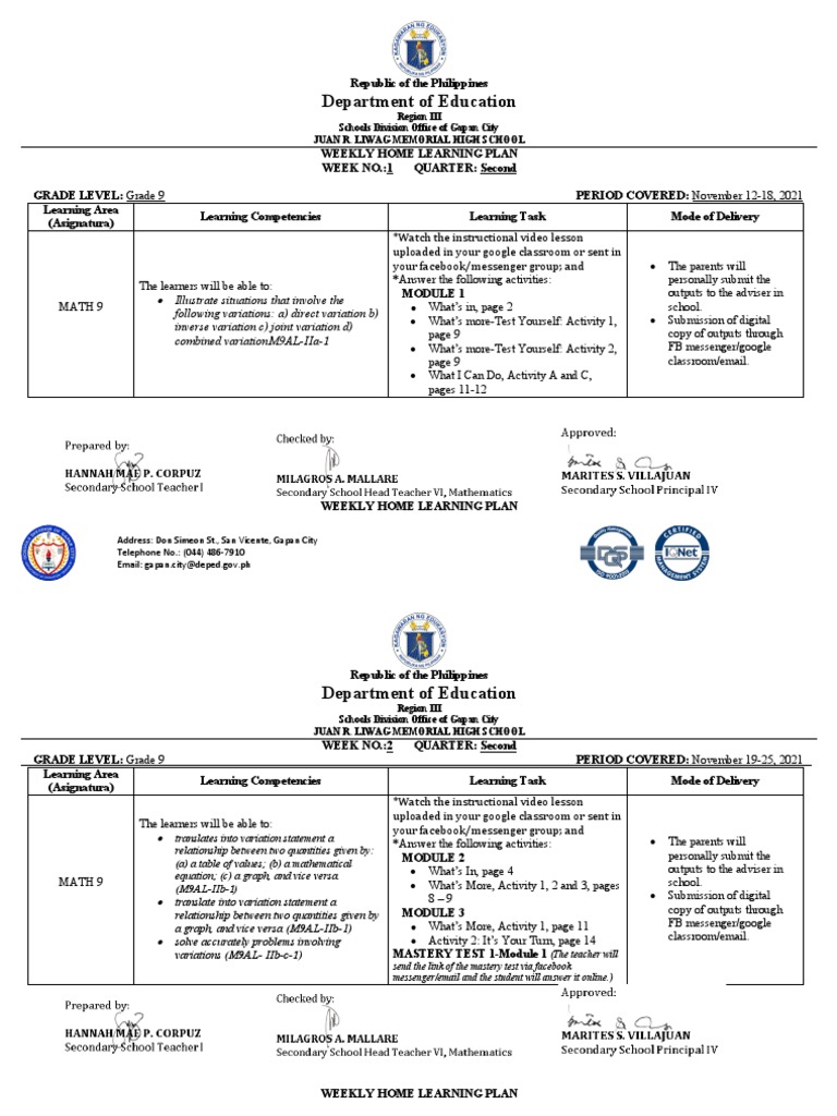 Grade 9 Weekly Learning Plans for Math | PDF | Learning | Classroom