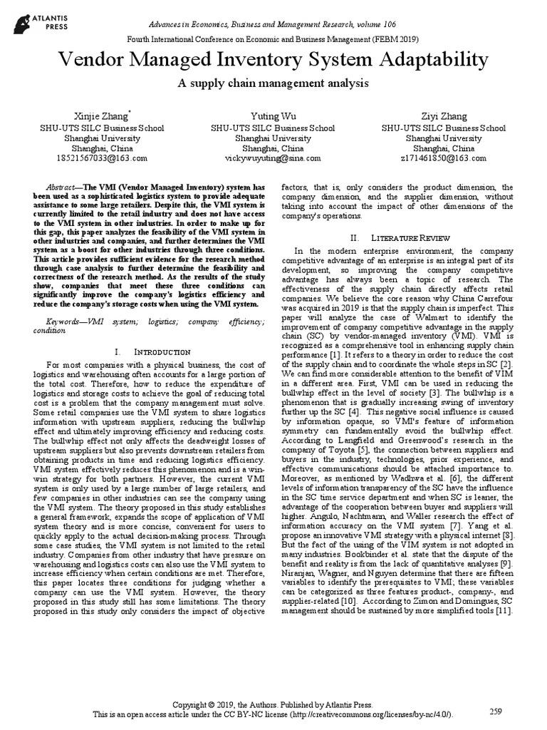 Vendor Managed Inventory System Adaptability A Supply Chain Management Analysis PDF Supply