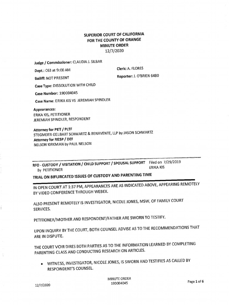12/07/2020 Minute Order ORANGE COUNTY COURT CASE 19D00405 JUDICIAL