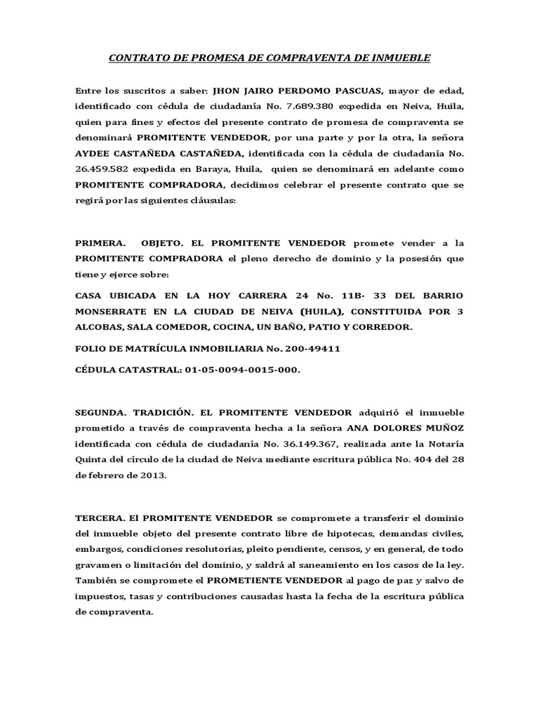 Contrato de Promesa de Compraventa de Inmueble | PDF | Justicia ...