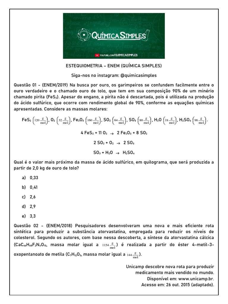 Estequiometria para o ENEM 2024 | PDF | Dióxido de carbono | Combustão