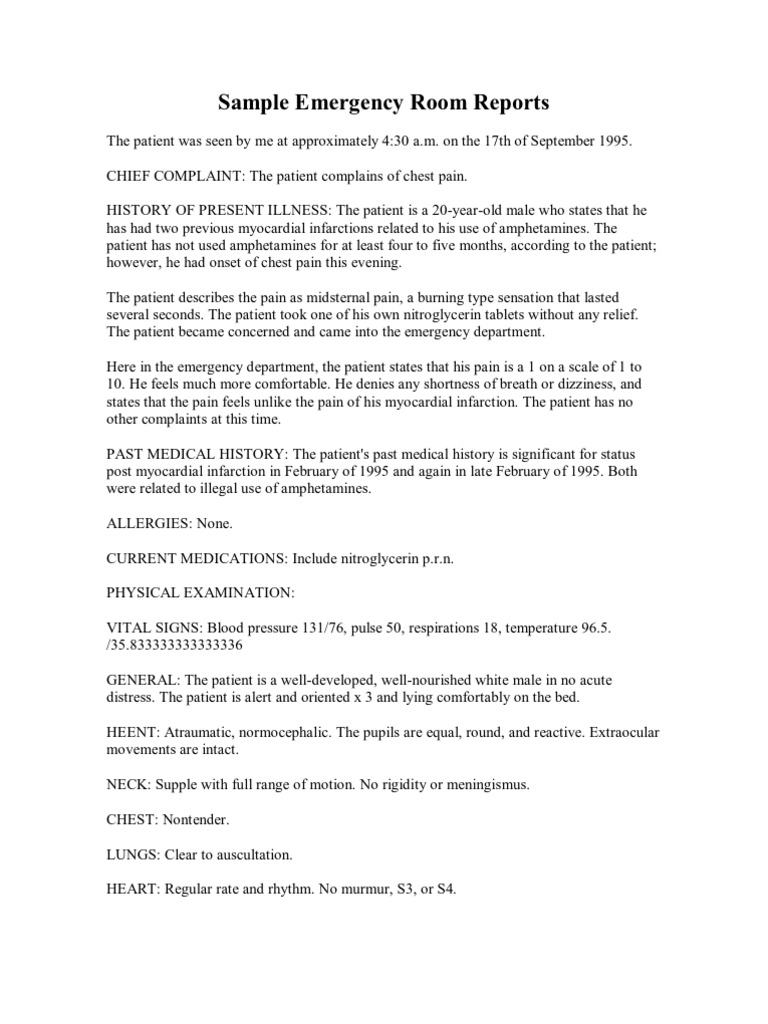 Sample Emergency Room Reports Emergency Department Thorax