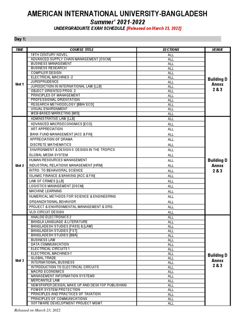 AIUB Summer 2021-2022 Exam Schedule | PDF | Engineering | Economics