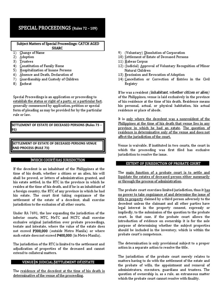 Special Proceedings (Rules 72 109) PDF Probate Will And Testament