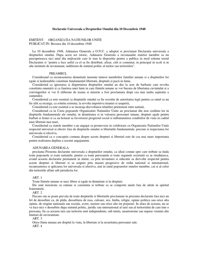 Declaratie Universala A Drepturilor Omului Din 10 Decembrie 1948