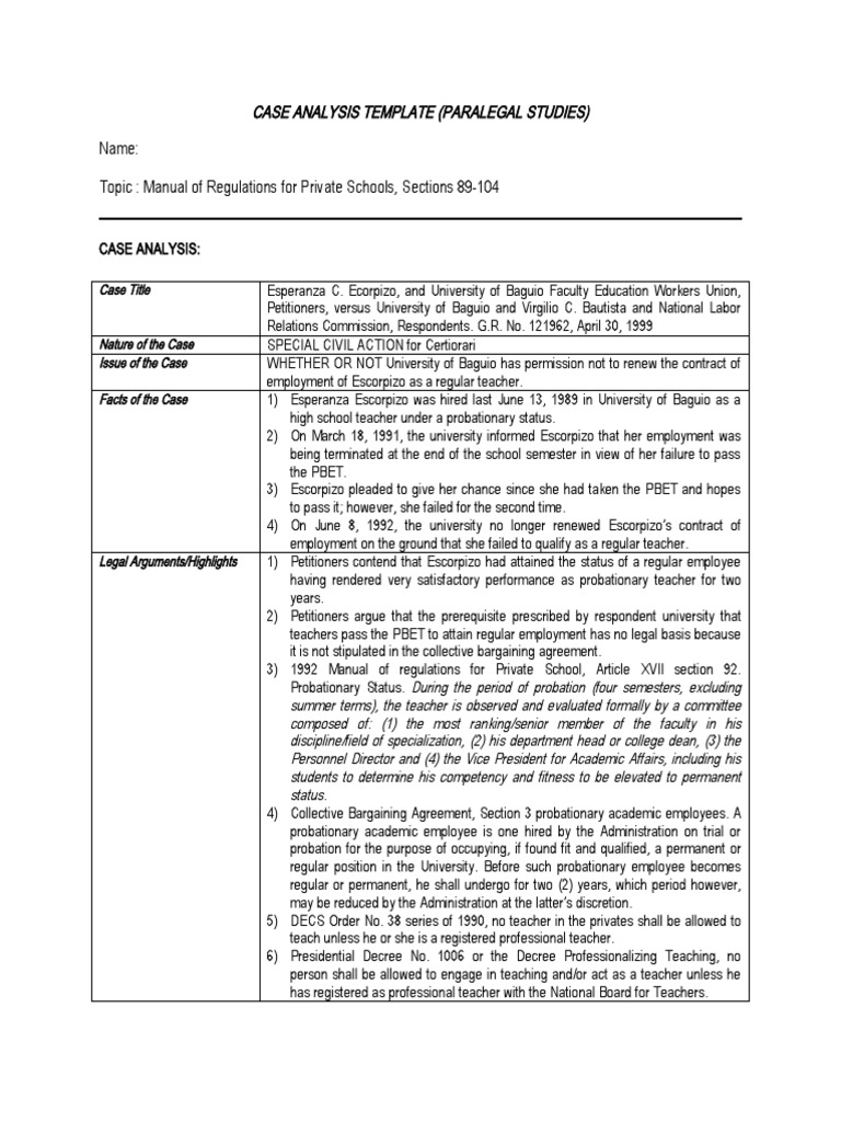 Case Analysis Template (Paralegal Studies) Name: Topic: Manual of ...