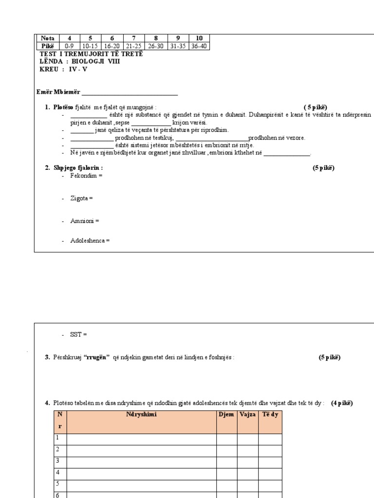 Biologji 8 - Test 3 | PDF