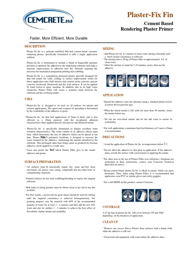Plaster-Fix Fin Primer Instructions | PDF | Plaster | Concrete