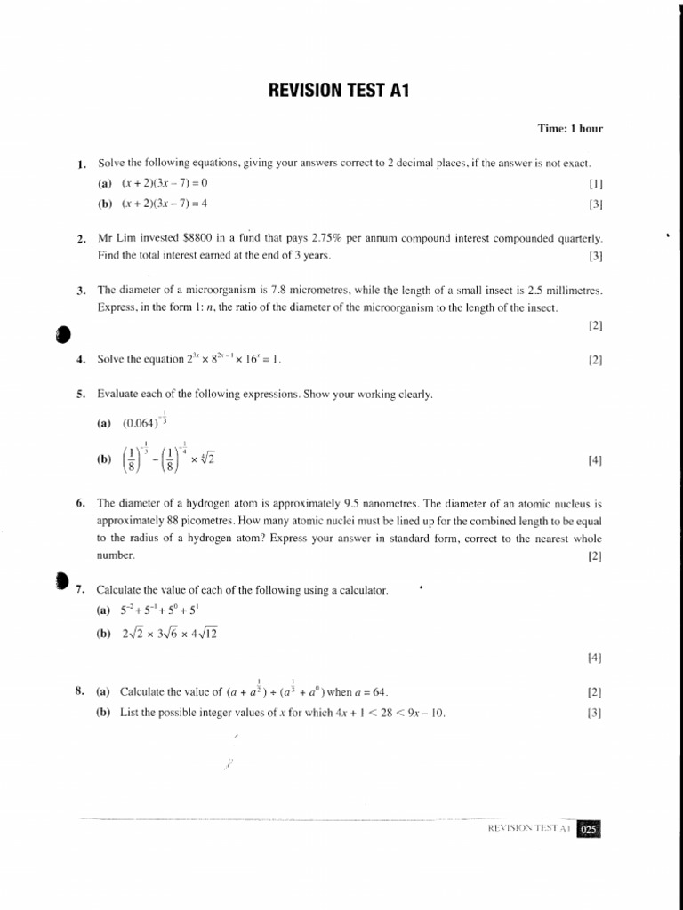 A1 Revision Test Solutions | PDF | Area | Numbers