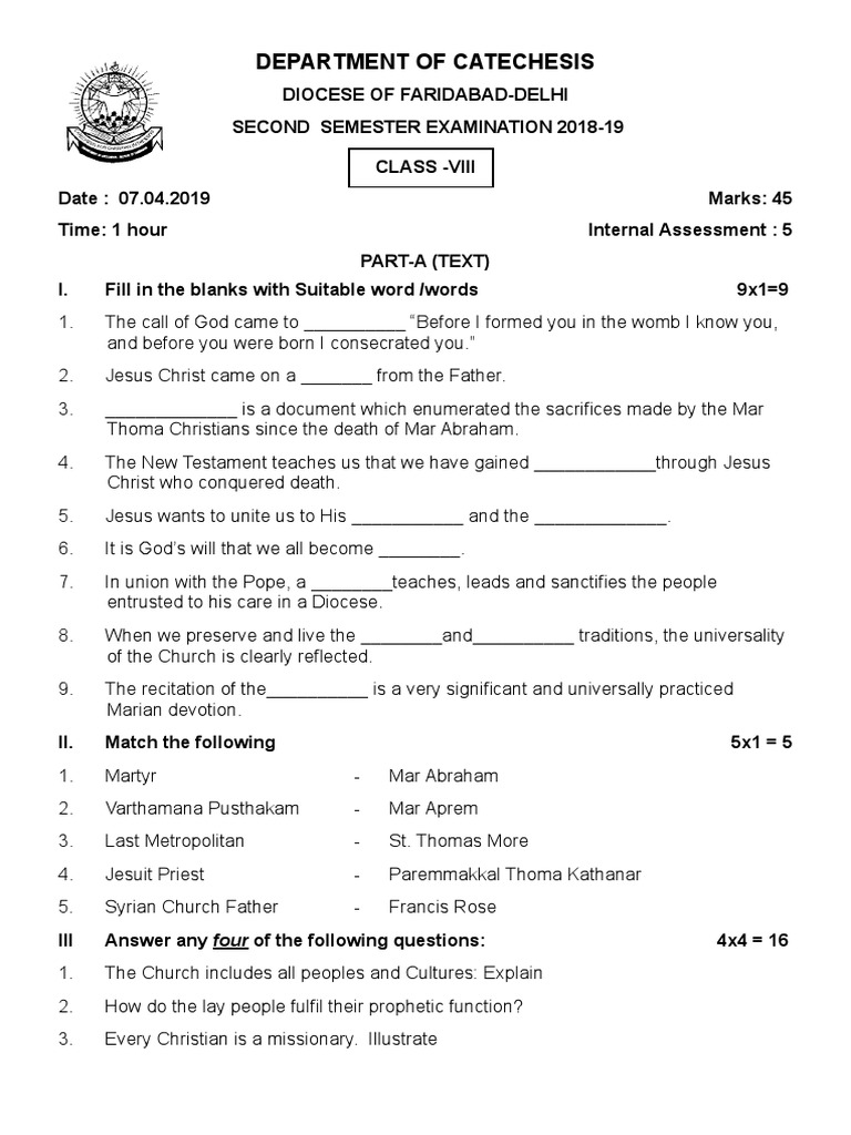 Faridabad Diocese Class 8 Catechism Exam | PDF | Catholic Church | Jesus