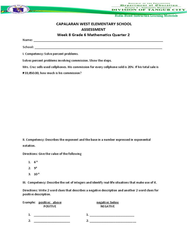Grade 6 Math and TLE Assessment Materials | PDF | Exponentiation ...