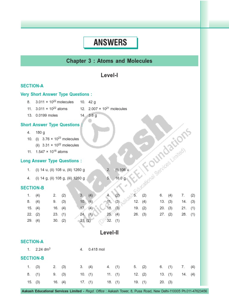 Atoms and Molecules 9 Answer Key Aakash PDF Mole (Unit) Chemistry