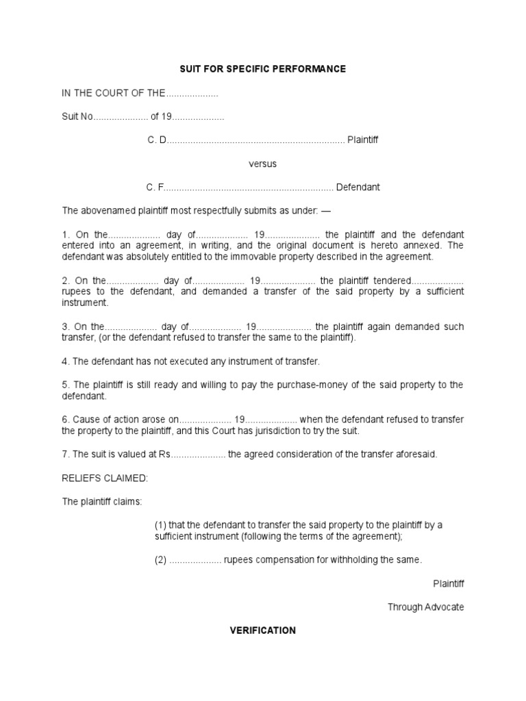 Specific Performance Suit Application | PDF | Lawsuit | Private Law