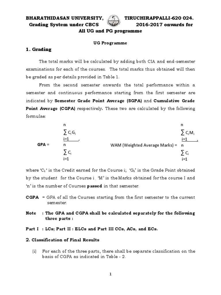Bharathidasan University, TIRUCHIRAPPALLI-620 024. Grading System Under ...